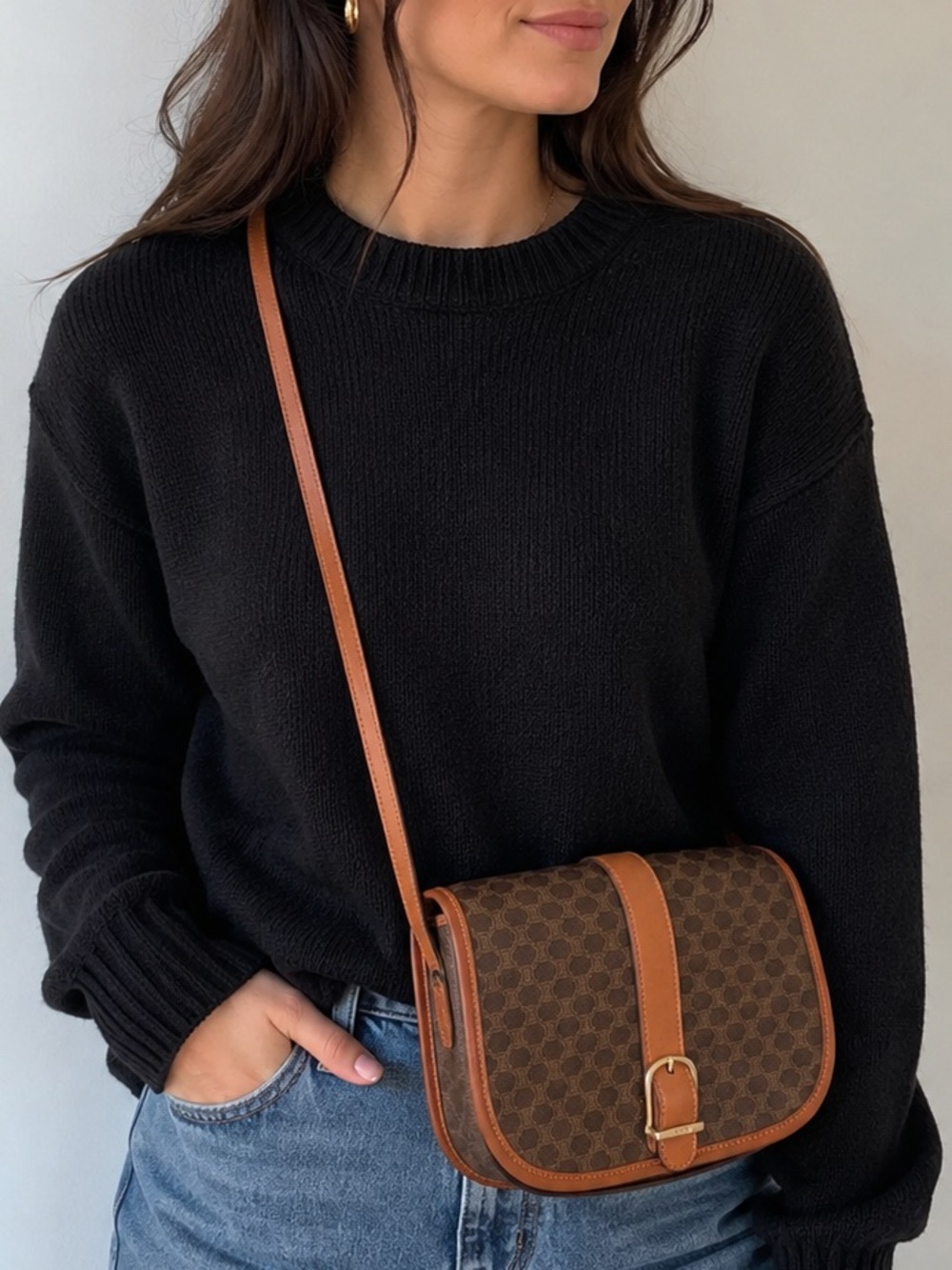 Vintage Celine Macadam Crossbody Brown PVC Leather Shoulder Bag with Back Pocket